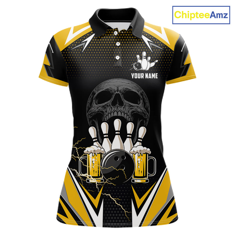 Yellow Black Funny Beer Skull Bowling Shirt For Women Custom Bowling Team Jersey Polo & 1/4 Zip TDM6388