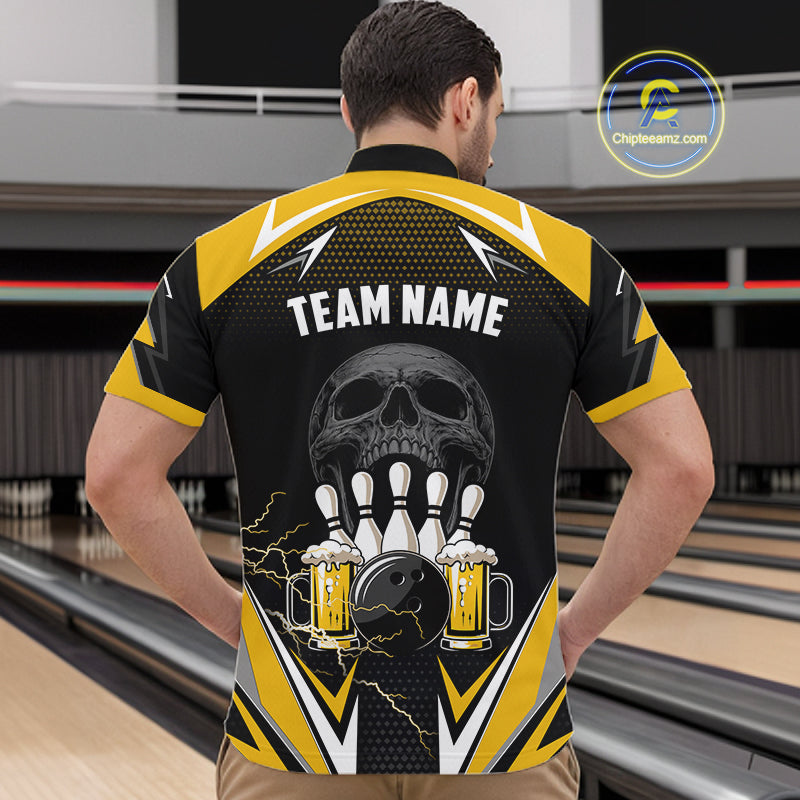 Yellow Black Funny Beer Skull Bowling Shirt For Men Custom Bowling Team Jersey Polo & 1/4 Zip TDM6388