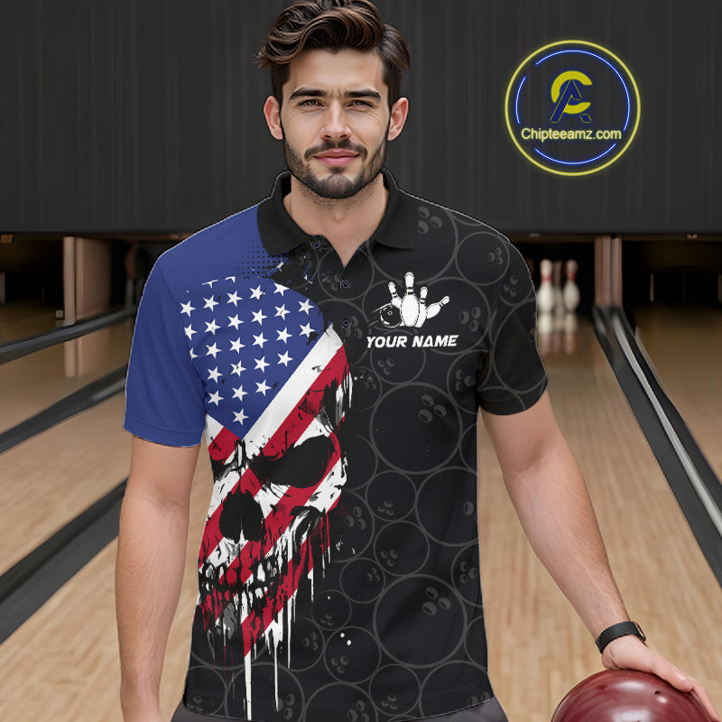 Custom American Flag Skull Bowling Jersey For Men, Patriotic Bowling Team Shirt Polo & 1/4 Zip TDM6389
