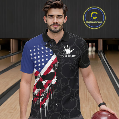 Custom American Flag Skull Bowling Jersey For Men, Patriotic Bowling Team Shirt Polo & 1/4 Zip TDM6389