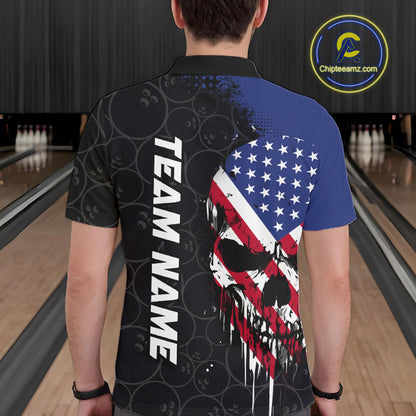 Custom American Flag Skull Bowling Jersey For Men, Patriotic Bowling Team Shirt Polo & 1/4 Zip TDM6389