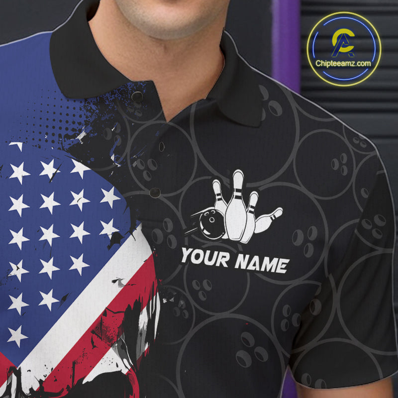 Custom American Flag Skull Bowling Jersey For Men, Patriotic Bowling Team Shirt Polo & 1/4 Zip TDM6389