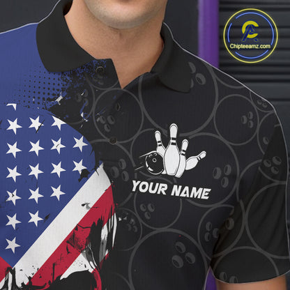 Custom American Flag Skull Bowling Jersey For Men, Patriotic Bowling Team Shirt Polo & 1/4 Zip TDM6389