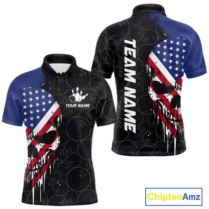 Custom American Flag Skull Bowling Jersey For Men, Patriotic Bowling Team Shirt Polo & 1/4 Zip TDM6389