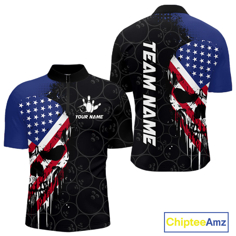 Custom American Flag Skull Bowling Jersey For Men, Patriotic Bowling Team Shirt Polo & 1/4 Zip TDM6389