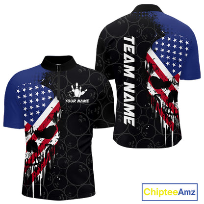 Custom American Flag Skull Bowling Jersey For Men, Patriotic Bowling Team Shirt Polo & 1/4 Zip TDM6389