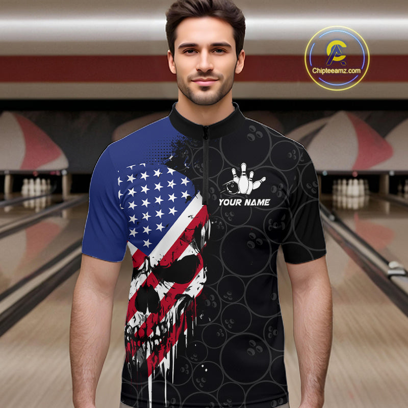 Custom American Flag Skull Bowling Jersey For Men, Patriotic Bowling Team Shirt Polo & 1/4 Zip TDM6389
