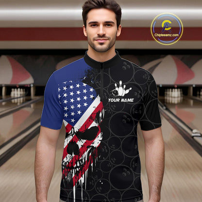 Custom American Flag Skull Bowling Jersey For Men, Patriotic Bowling Team Shirt Polo & 1/4 Zip TDM6389