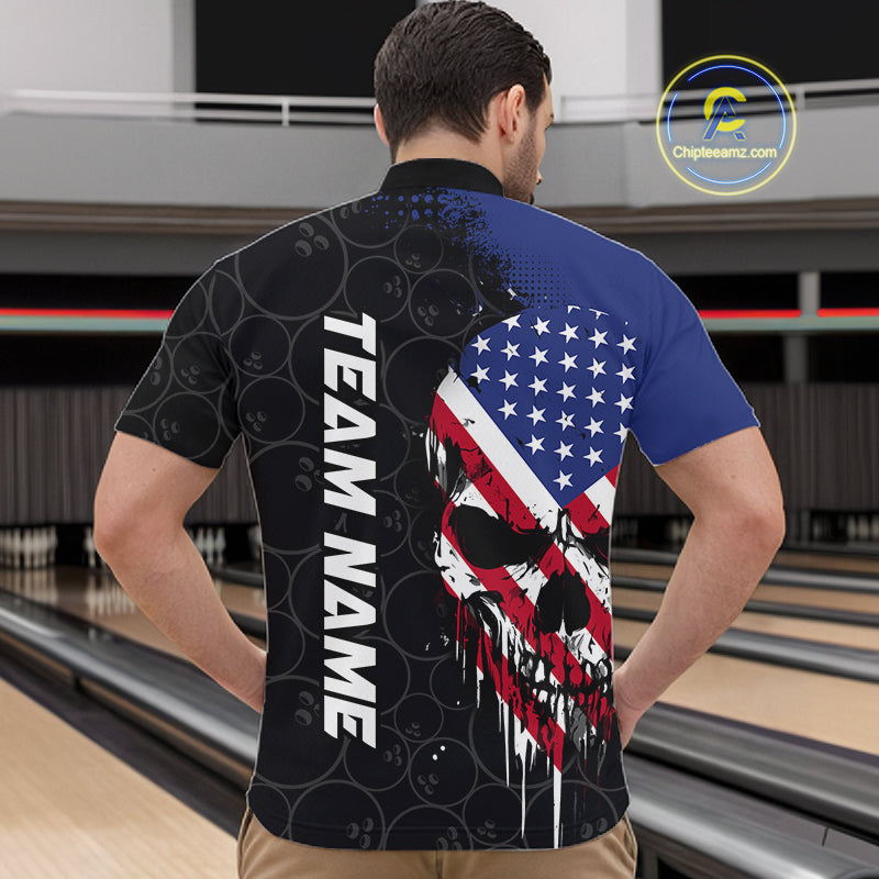 Custom American Flag Skull Bowling Jersey For Men, Patriotic Bowling Team Shirt Polo & 1/4 Zip TDM6389