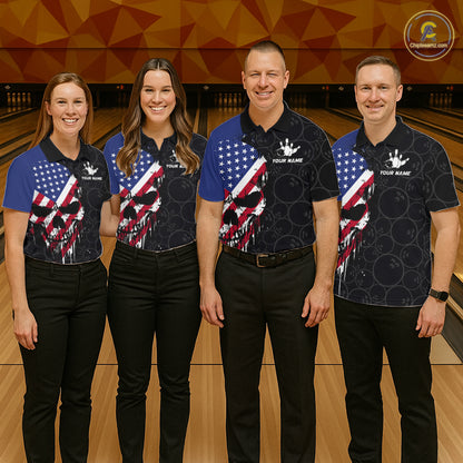 Custom American Flag Skull Bowling Jersey For Women, Patriotic Bowling Team Shirt Polo & 1/4 Zip TDM6389