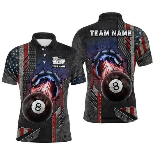 Billiard Ball 8 American Flag Personalized Name 3D Polo Shirts For Men, Patriotic Billiard Shirts TDM0189