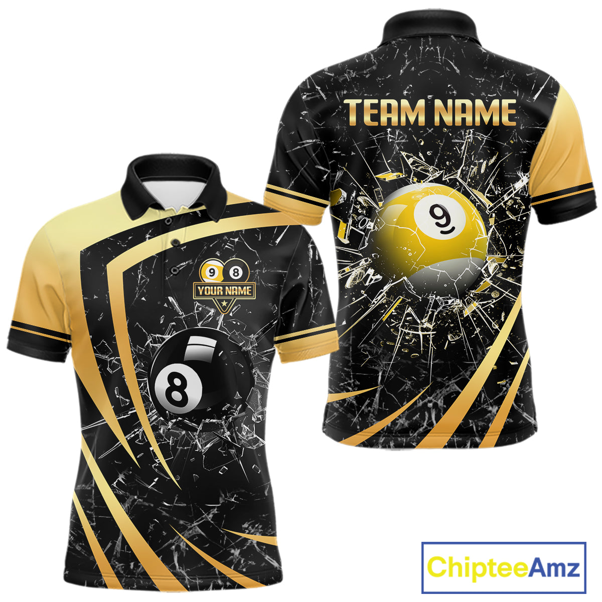 Black And Gold 8 Ball & 9 Ball Glass Break Billiard Shirt For Men Custom Pool Team Jersey Outfit TDM6151