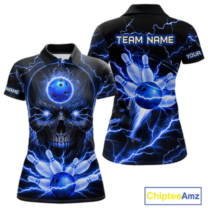 Personalized Lightning Skull Blue Bowling Shirt For Women, Bowling Team Jersey Polo & 1/4 Zip TDM6159