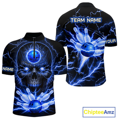 Personalized Lightning Skull Blue Bowling Shirt For Men, Bowling Team Jersey Polo & 1/4 Zip TDM6159