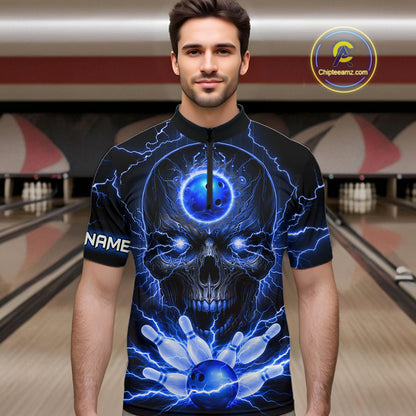Personalized Lightning Skull Blue Bowling Shirt For Men, Bowling Team Jersey Polo & 1/4 Zip TDM6159