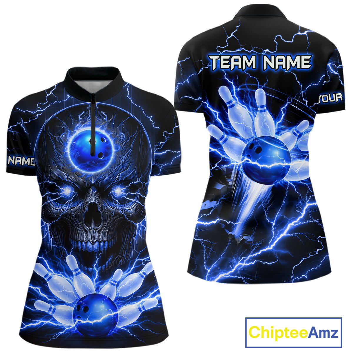 Personalized Lightning Skull Blue Bowling Shirt For Women, Bowling Team Jersey Polo & 1/4 Zip TDM6159