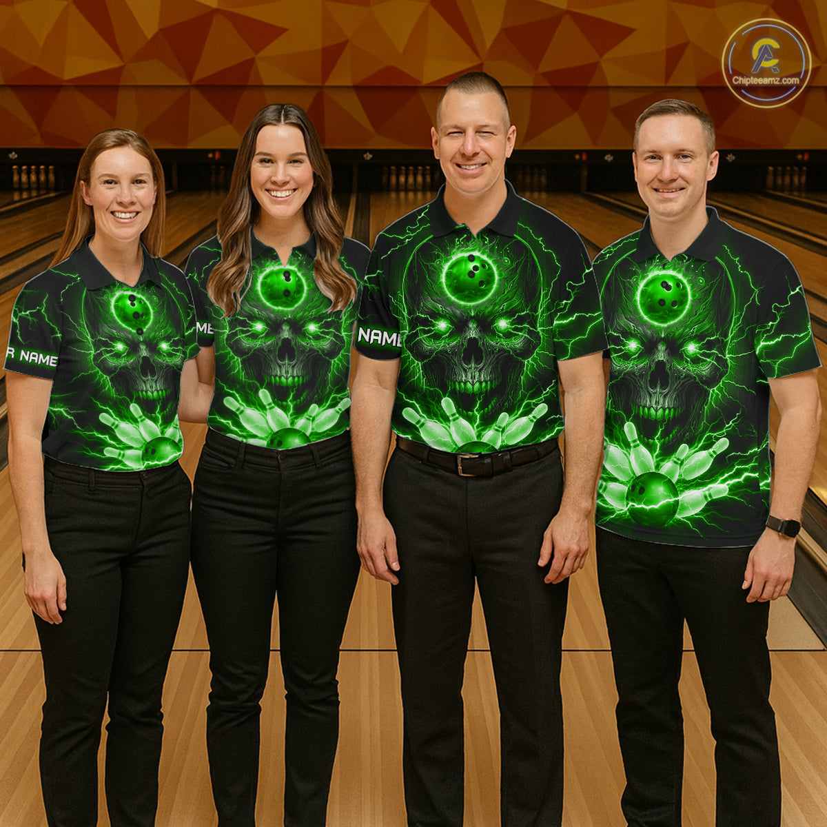 Personalized Lightning Skull Green Bowling Shirt For Women, Bowling Team Jersey Polo & 1/4 Zip TDM6160