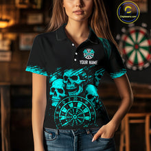 Load image into Gallery viewer, Custom Women&#39;s Grim Reaper Dart Shirt – Black Cyan Grunge Dart Jersey Team Polo &amp; Quarter Zip Style TDM4068