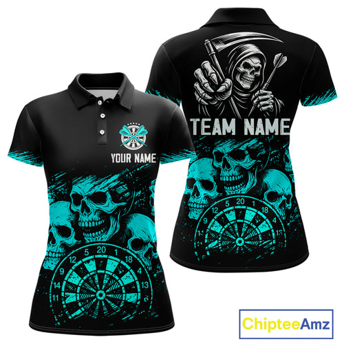 Custom Women's Grim Reaper Dart Shirt – Black Cyan Grunge Dart Jersey Team Polo & Quarter Zip Style TDM4068