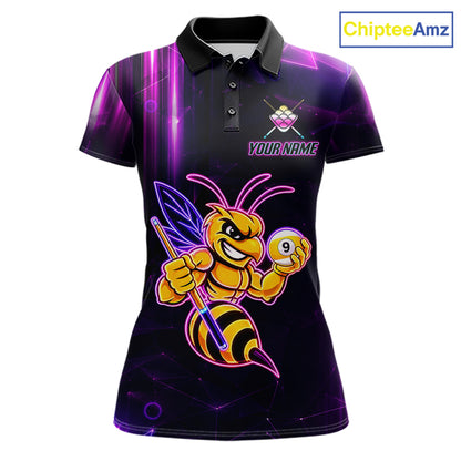 Neon funny bee 9 ball custom billiard polo shirt for women, personalized pool team jersey for tournaments.