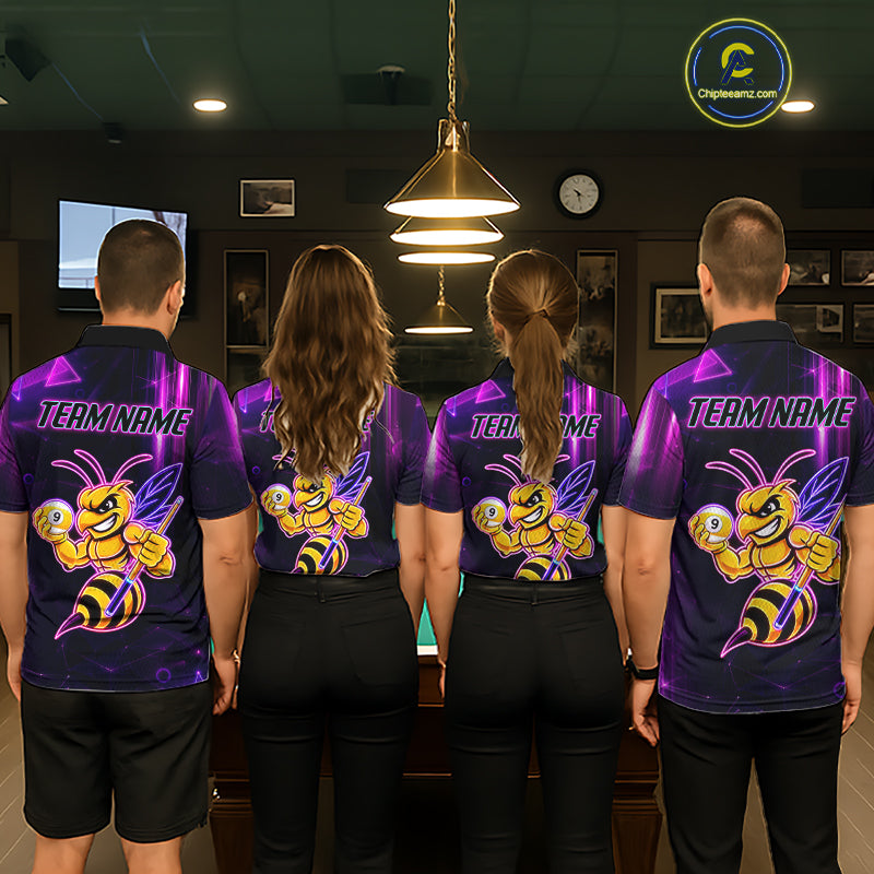 Back view of pool players wearing matching neon funny bee 9 ball billiard team shirts and custom pool jerseys.