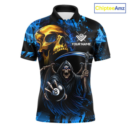 Blue Grim Reaper Skull 8 Ball Billiard Pool Polo Shirt Featuring Bold Skull Artwork for Pool League Players, Tournament Competition, and Custom Team Jerseys