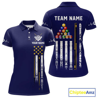 Customized Navy Blue American Flag Billiard Shirt For Women, 8 Ball Pool Team Jersey Polo & 1/4 Zip TDM6586