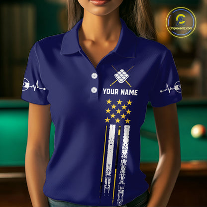 Customized Navy Blue American Flag Billiard Shirt For Women, 9 Ball Pool Team Jersey Polo & 1/4 Zip TDM6587