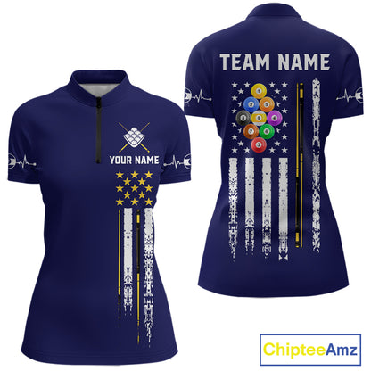 Customized Navy Blue American Flag Billiard Shirt For Women, 9 Ball Pool Team Jersey Polo & 1/4 Zip TDM6587