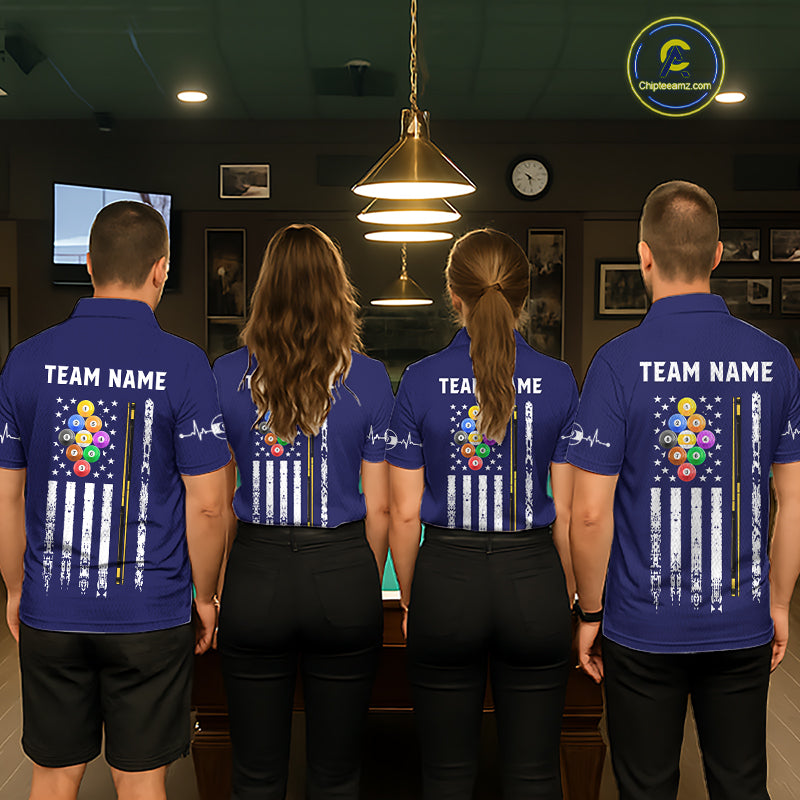 Customized Navy Blue American Flag Billiard Shirt For Women, 9 Ball Pool Team Jersey Polo & 1/4 Zip TDM6587