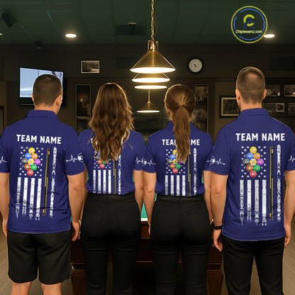 Customized Navy Blue American Flag Billiard Shirt For Women, 9 Ball Pool Team Jersey Polo & 1/4 Zip TDM6587