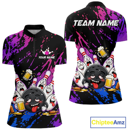Custom Blue Purple Drunk Bowling Balls And Pins Funny Bowling Shirts For Women, Beer Bowling Jersey TDM6596