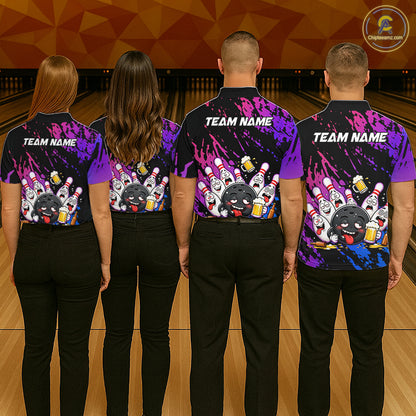 Custom Blue Purple Drunk Bowling Balls And Pins Funny Bowling Shirts For Women, Beer Bowling Jersey TDM6596