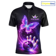 Load image into Gallery viewer, Black polo shirt with butterfly and bowling design, customizable your name &amp; team name