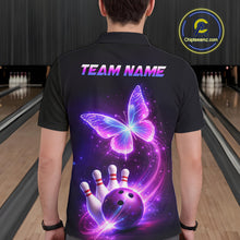 Load image into Gallery viewer, Person wearing a black bowling shirt with a butterfly and bowling ball design, standing in a bowling alley.
