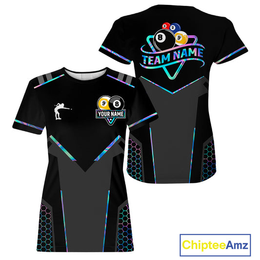 Personalized Holographic 8 Ball & 9 Ball Pool Billiard T-Shirt For Women, Billiard League Team Jersey TDM4253