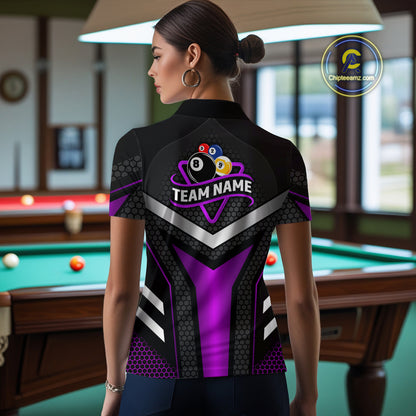 Personalized Billiard 8 Ball & 9 Ball Pool Polo, 1/4 Zip For Women Custom Team Billiard Jersey|Purple TDM4254