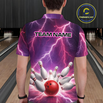 Custom Thunder Lightning Red & Purple Bowling Shirt For Men, Bowling Team Jersey Polo & 1/4 Zip TDM6189