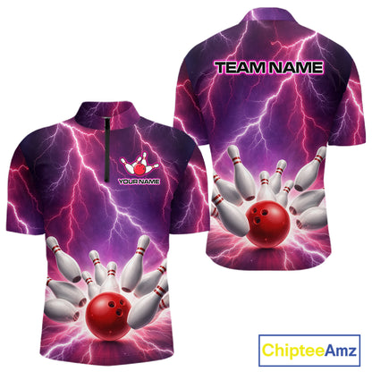 Custom Thunder Lightning Red & Purple Bowling Shirt For Men, Bowling Team Jersey Polo & 1/4 Zip TDM6189