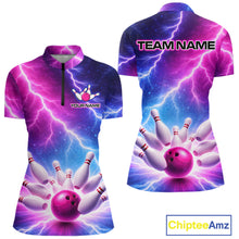 Load image into Gallery viewer, Custom Thunder Lightning Blue And Pink Bowling Shirt For Women, Bowling Team Jersey Polo &amp; 1/4 Zip TDM6190