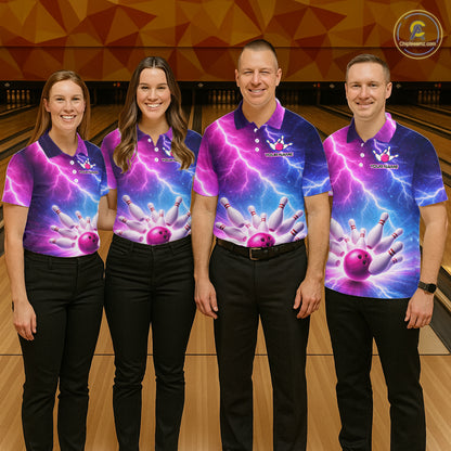Custom Thunder Lightning Blue And Pink Bowling Shirt For Women, Bowling Team Jersey Polo & 1/4 Zip TDM6190