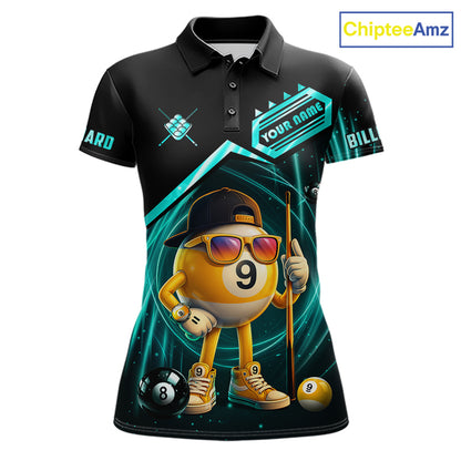 Black and turquoise billiard polo shirt with funny 9 ball design, customizable your name & team name pool jersey for women