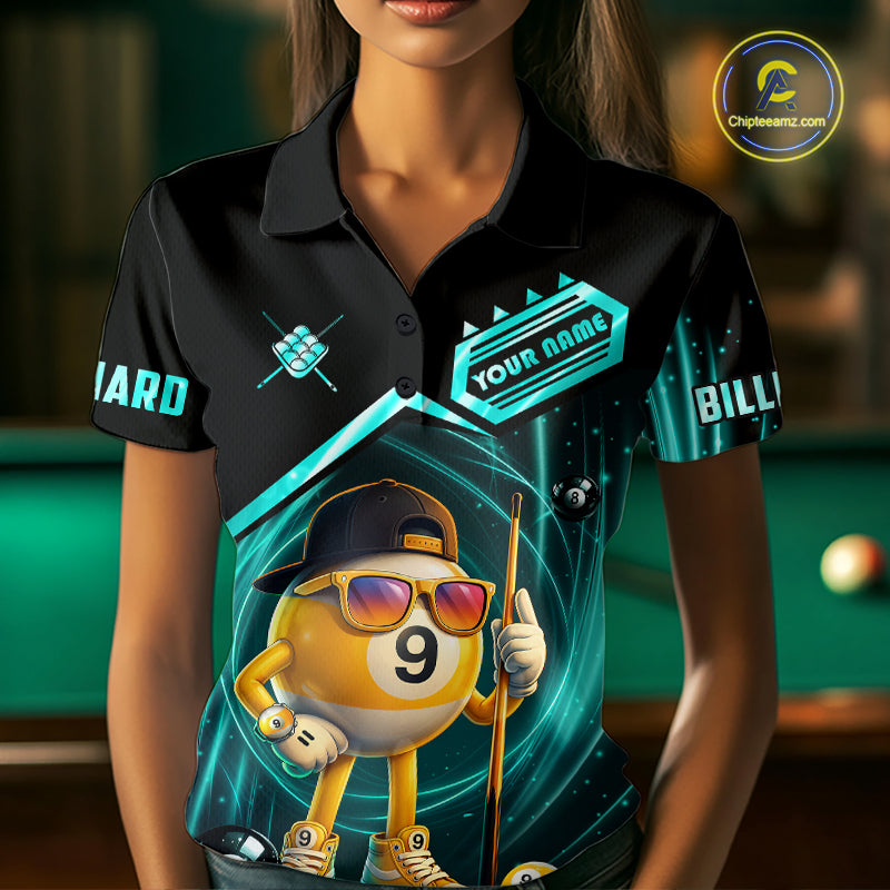 Turquoise Funny 9 Ball Pool Billiard Shirt For Women Custom Billiard Team Jersey Polo & 1/4 Zip TDM6615