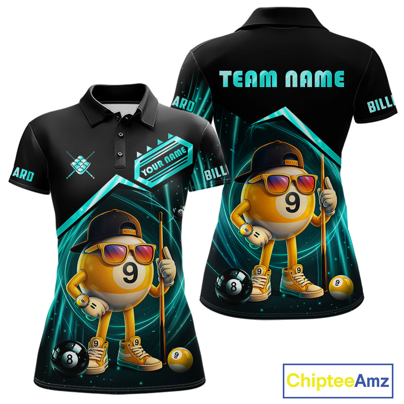 Black and turquoise billiard polo shirt with funny 9 ball design, customizable your name & team name pool jersey for women