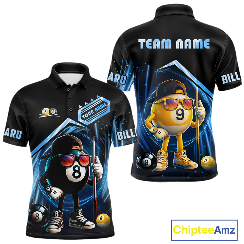 Black and blue billiard polo shirt with funny 8 ball and 9 ball design, customizable your name & team name pool jersey for men
