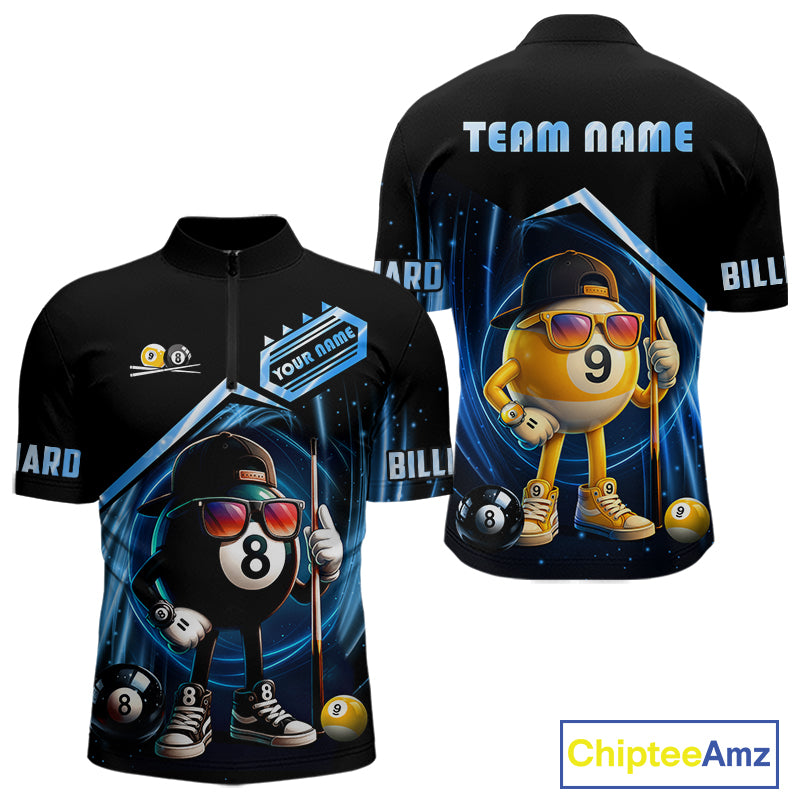 Black and blue billiard quarter zip shirt with funny 8 ball and 9 ball design, customizable your name & team name pool jersey for men