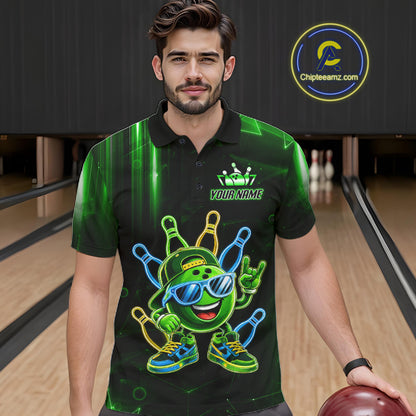 Man wearing a green funny neon bowling ball bowling polo shirt front view, custom bowling league jersey for men.