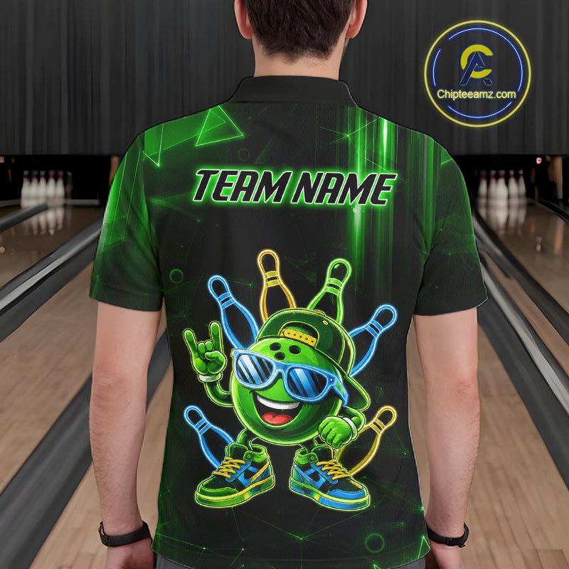 Back view of man wearing a green funny neon bowling ball bowling polo shirt, custom bowling team jersey design.