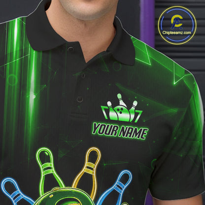 Close up of collar, chest and button details on a green funny neon bowling ball men's bowling polo shirt.