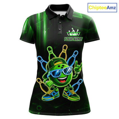 Green funny neon bowling ball custom bowling polo shirt for women.